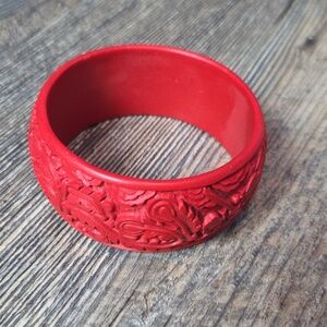 Vintage Red Cinnabar Carved Phoenix And Dragon Bangle Bracelet